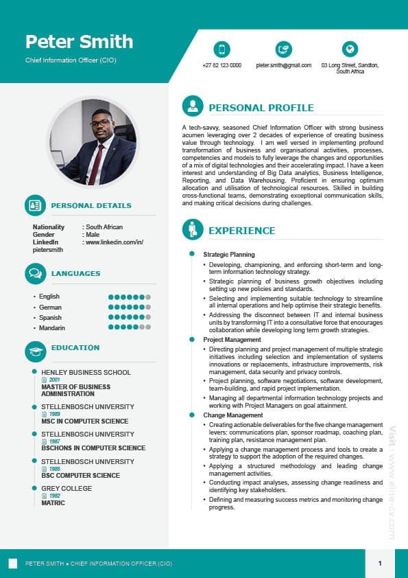 Executive Package CV template sample