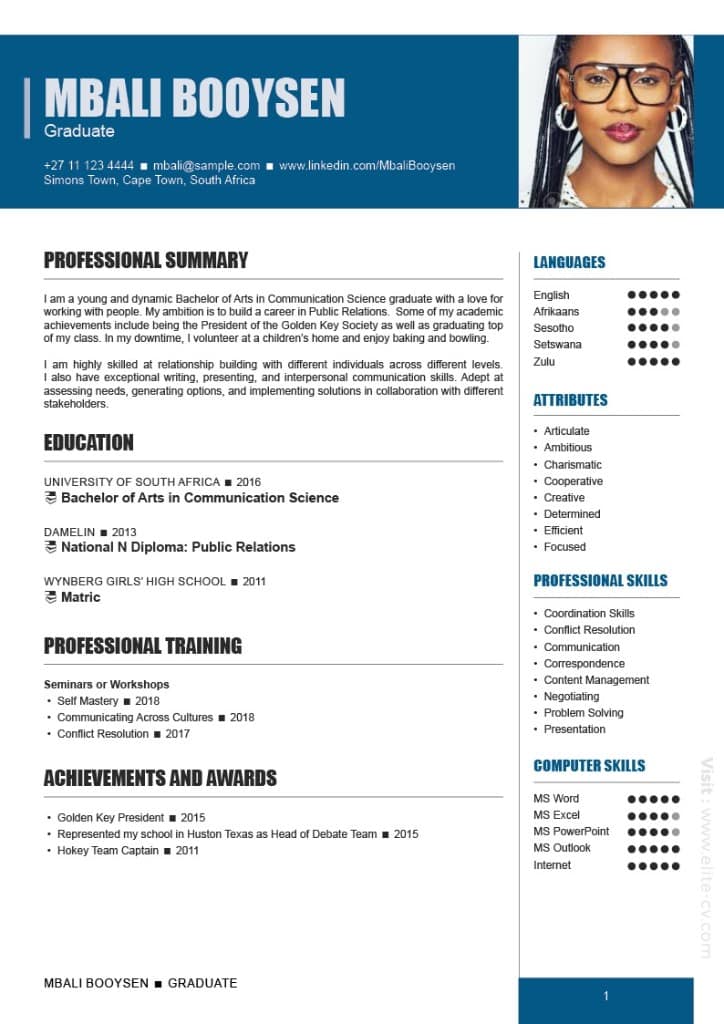 Graduate Package CV template sample